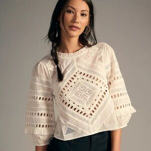 Anthropologie Ruffled Eyelet Top (Forever that Girl) 100% Cotton White Medium